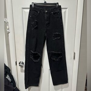 SHEIN Black Distressed Straight Leg Jeans